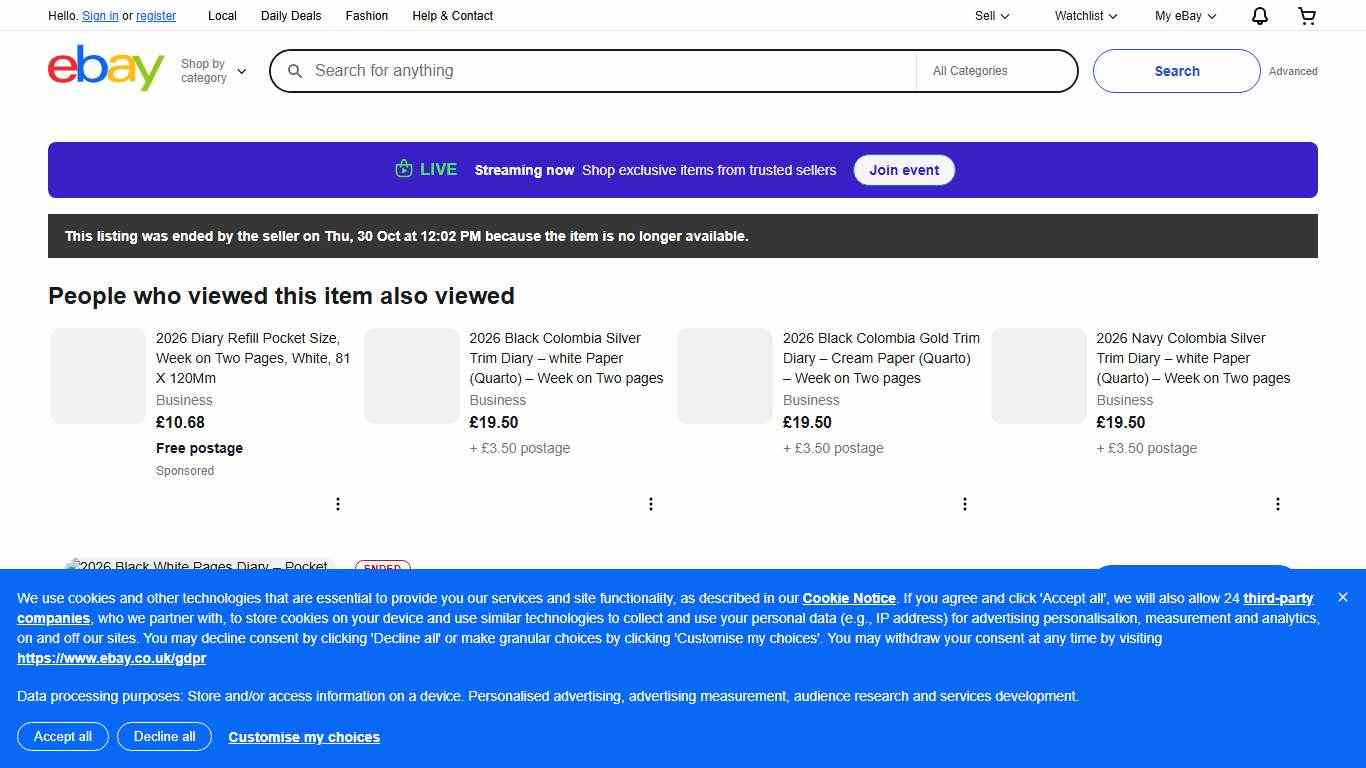 2026 Black White Pages Diary – Pocket – Week on Two pages | eBay UK